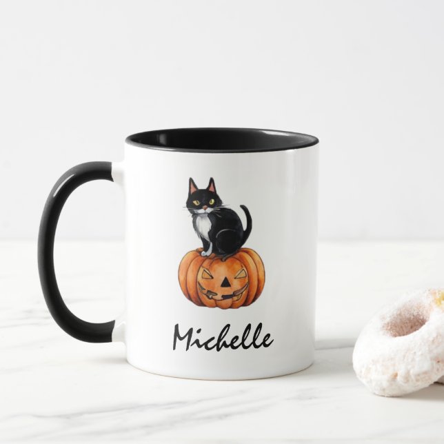 Personalised Name Black Cat & Pumpkin Halloween  Mug (With Donut)