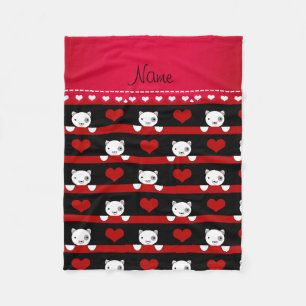 Personalised name black cats red hearts stripes fleece blanket