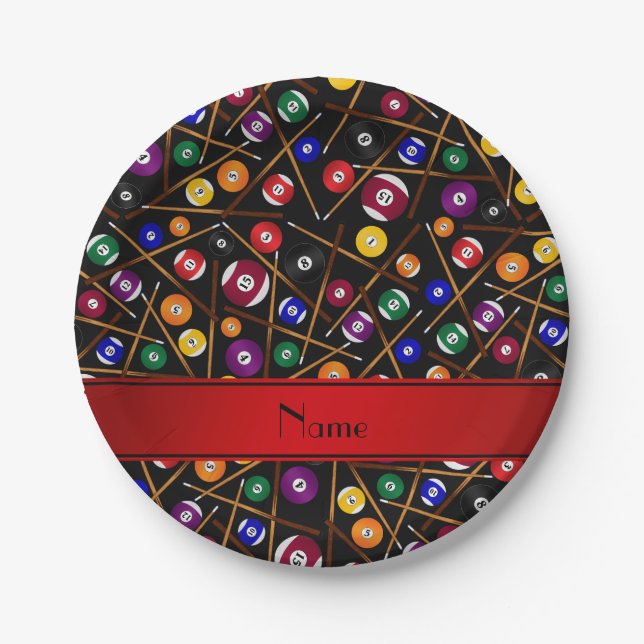 Personalised name black colourful pool pattern paper plate (Front)
