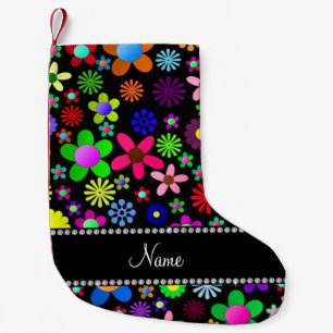 Personalised name black colourful retro flowers small christmas stocking
