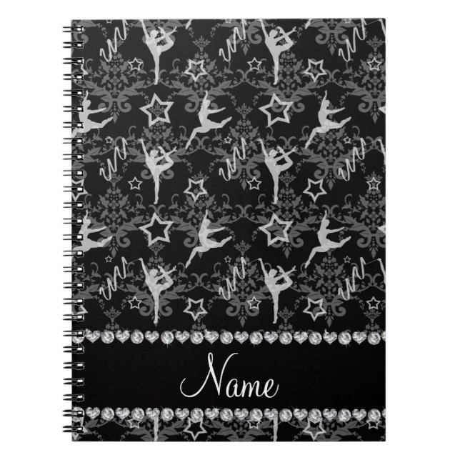 Personalised name black damask gymnastics notebook (Front)