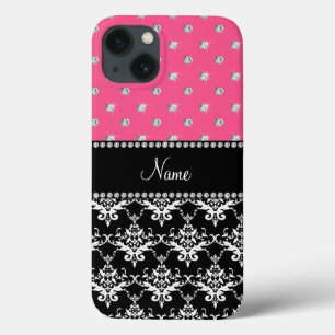 Personalised name black damask pink diamonds iPhone 13 case