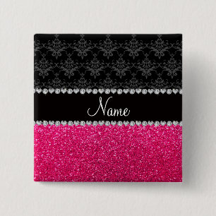 Personalised name black damask pink glitter 15 cm square badge