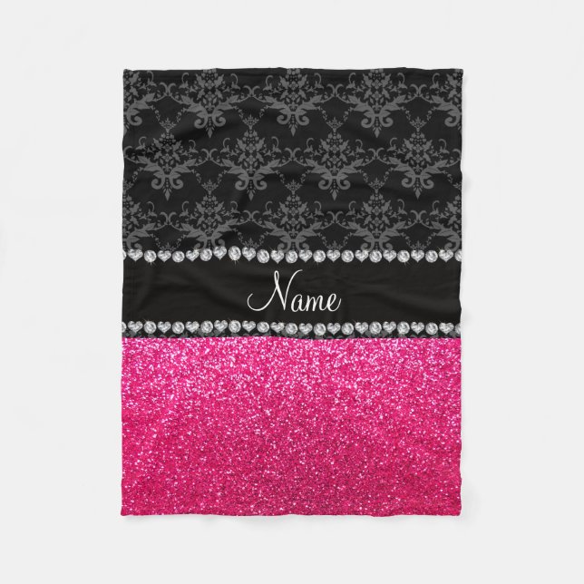 Personalised name black damask pink glitter fleece blanket (Front)