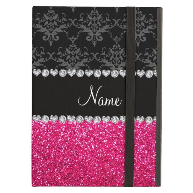 Personalised name black damask pink glitter iPad air case (Front Closed)