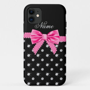 Personalised name black diamonds pink bow iPhone 11 case