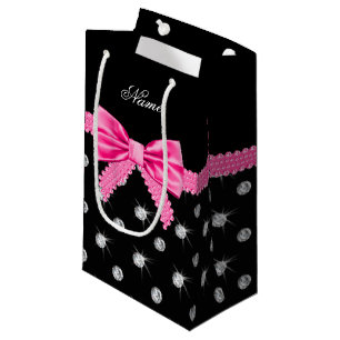 Personalised name black diamonds pink bow small gift bag
