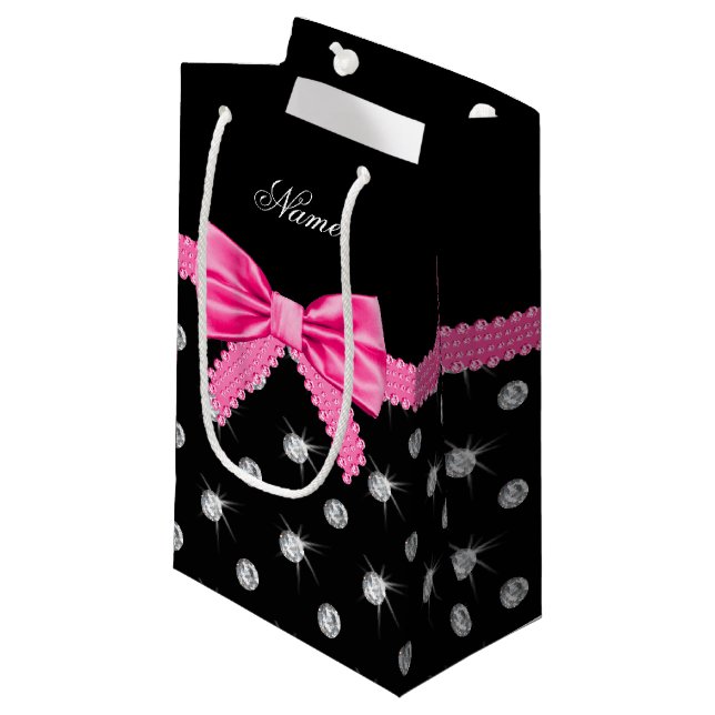 Personalised name black diamonds pink bow small gift bag (Front Angled)