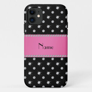Personalised name black diamonds pink stripe iPhone 11 case