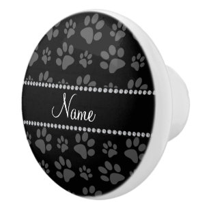 Personalised name black dog paw prints ceramic knob
