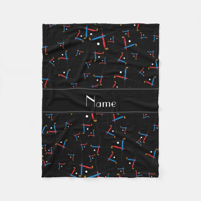 Personalised name black field hockey fleece blanket (Front)
