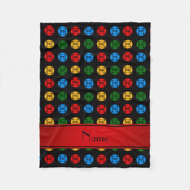 Personalised name black fire department symbols fleece blanket (Front)