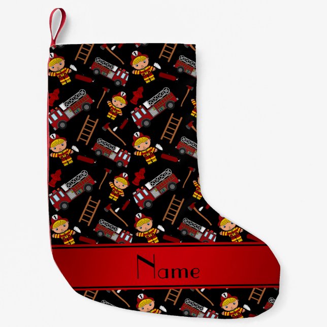 Personalised name black firemen trucks ladders small christmas stocking (Front)