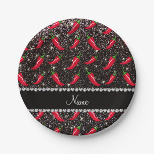 Personalised name black glitter chilli pepper paper plate