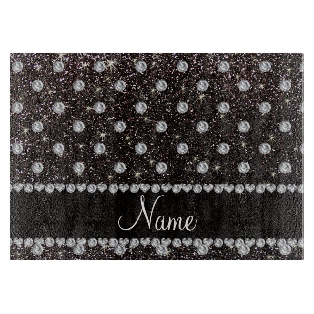 Personalised name black glitter diamonds cutting board (Front)