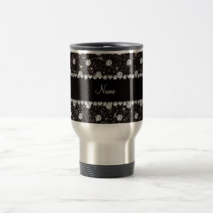 Personalised name black glitter diamonds travel mug