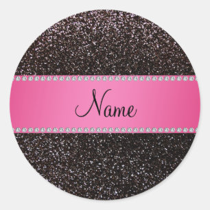 Personalised name black glitter pink stripe classic round sticker