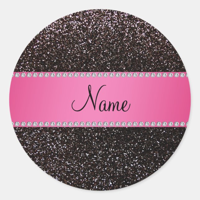 Personalised name black glitter pink stripe classic round sticker (Front)
