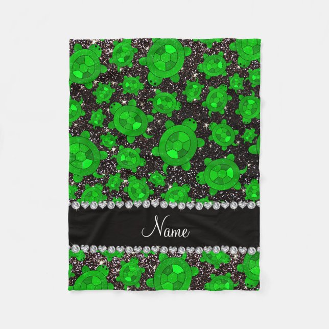 Personalised name black glitter sea turtles fleece blanket (Front)