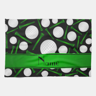 Personalised name black golf balls tees tea towel