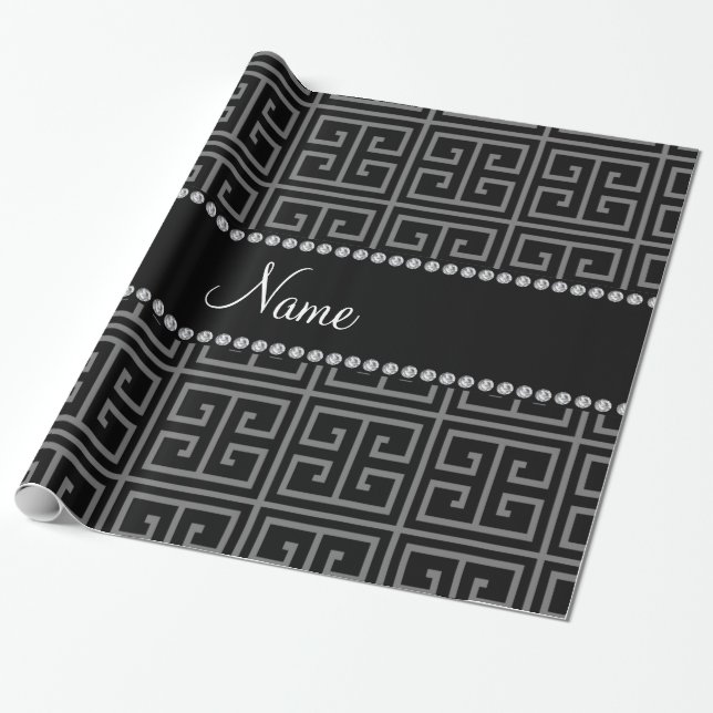 Personalised name black greek key pattern wrapping paper (Unrolled)