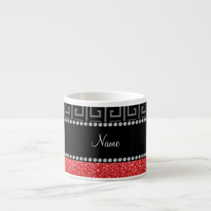 Personalised name black greek key red glitter espresso cup