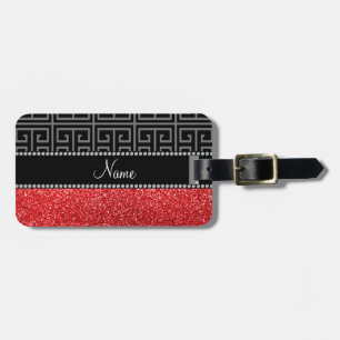 Personalised name black greek key red glitter luggage tag