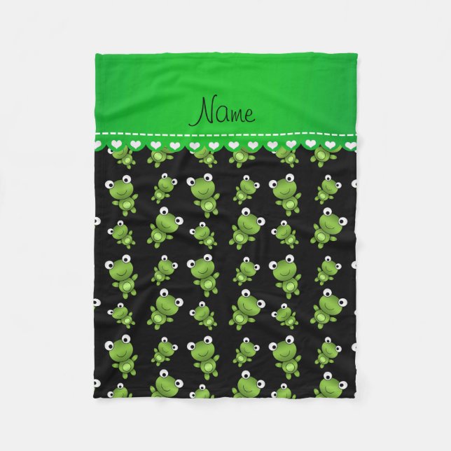 Personalised name black green frogs fleece blanket (Front)