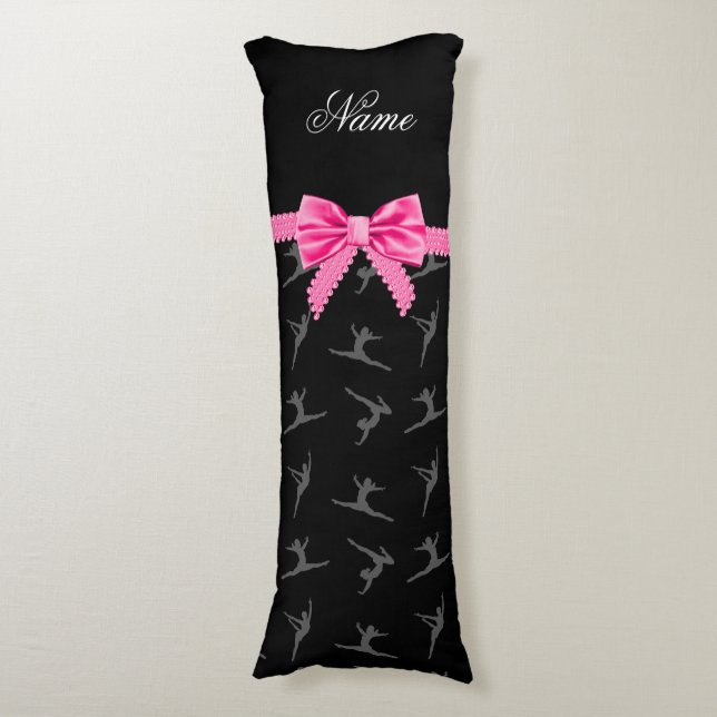 Personalised name black gymnastics pink bow body cushion (Front Vertical)
