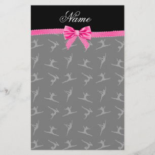 Personalised name black gymnastics pink bow stationery
