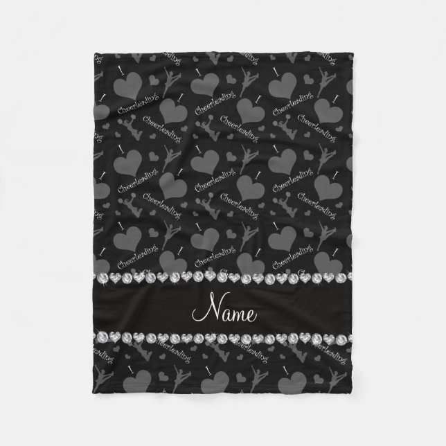 Personalised name black i love cheerleading hearts fleece blanket (Front)