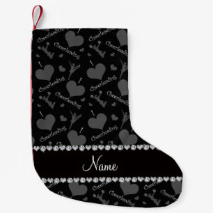 Personalised name black i love cheerleading hearts small christmas stocking