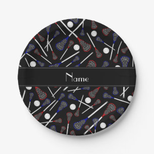 Personalised name black lacrosse pattern paper plate