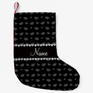 Personalised name black lips and hearts pattern small christmas stocking