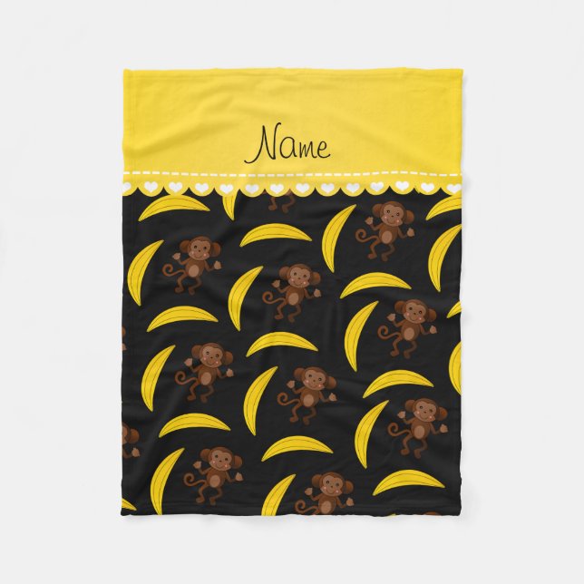 Personalised name black monkey bananas fleece blanket (Front)