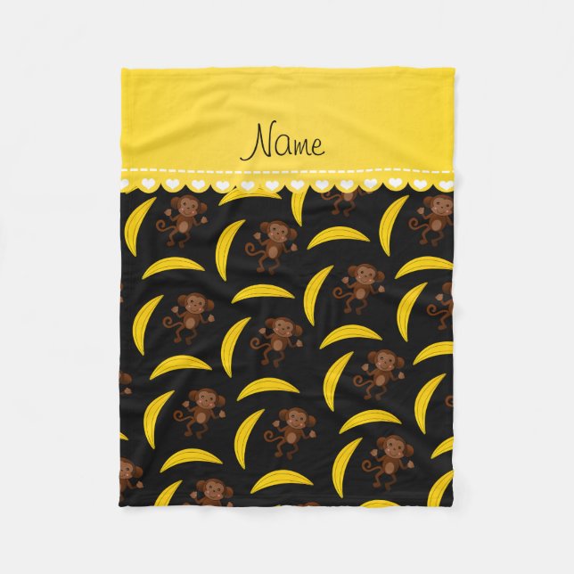 Personalised name black monkey bananas fleece blanket (Front)