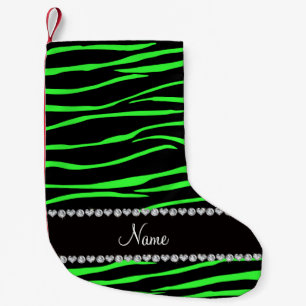 Personalised name black neon green zebra stripes small christmas stocking