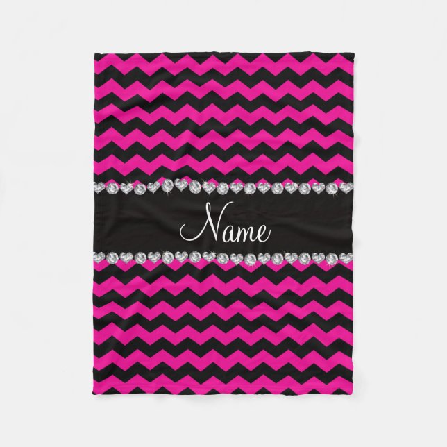 Personalised name black neon hot pink chevrons fleece blanket (Front)