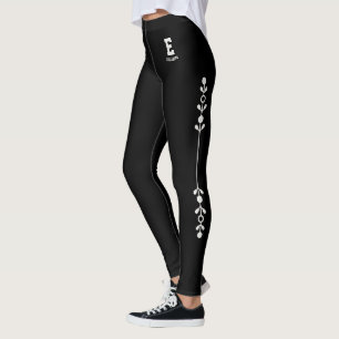 Personalised Name Black Neutral Flowers Monogram Leggings