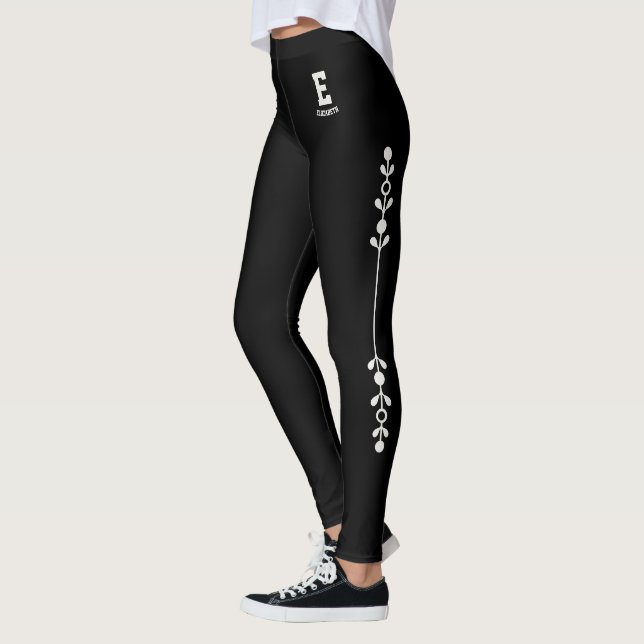 Personalised Name Black Neutral Flowers Monogram Leggings (Left)