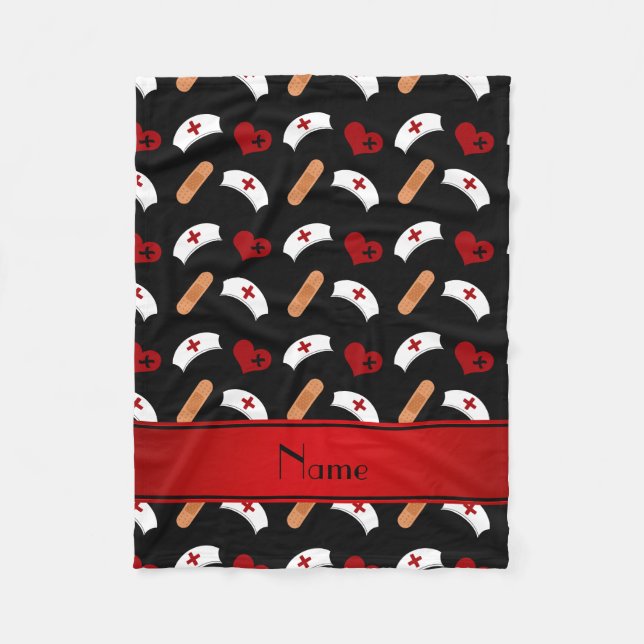 Personalised name black nurse pattern fleece blanket (Front)