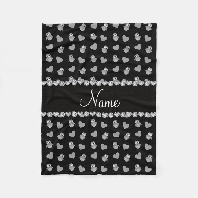 Personalised name black owl hearts fleece blanket (Front)