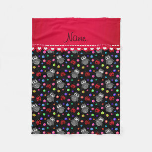 Personalised name black owls flowers ladybugs fleece blanket