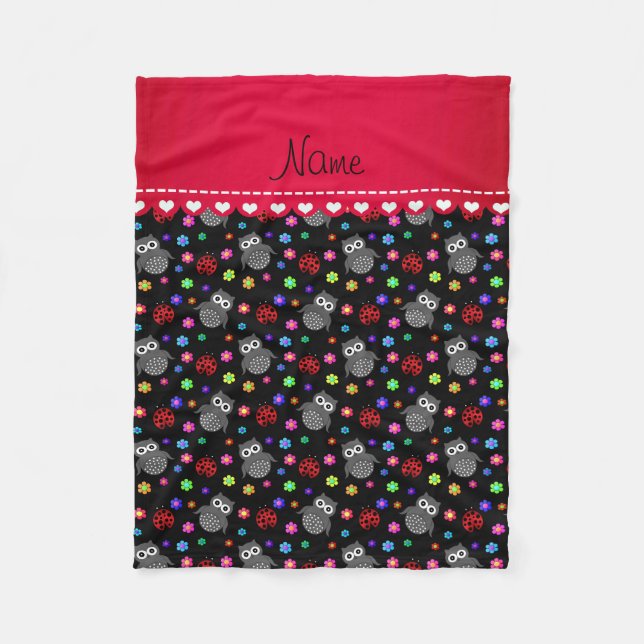 Personalised name black owls flowers ladybugs fleece blanket (Front)