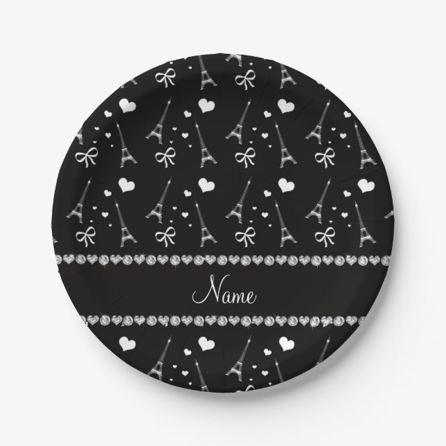 Personalised name black paris eiffel tower paper plate (Front)