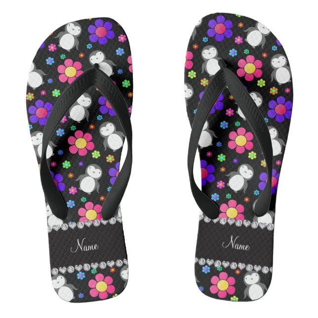 Personalised name black penguins flowers flip flops (Footbed)