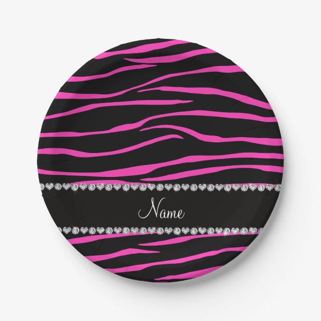 Personalised name black pink zebra stripes paper plate (Front)