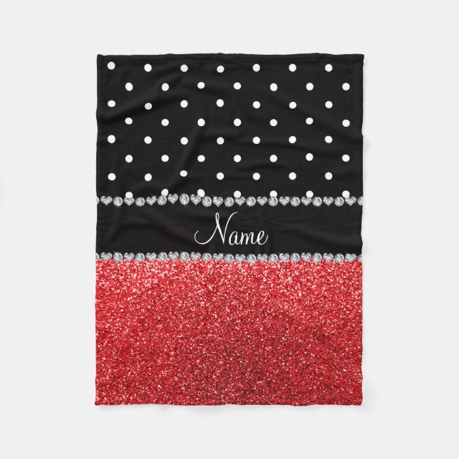Personalised name black polka dots red glitter fleece blanket (Front)