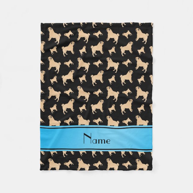 Personalised name black Pug dogs Fleece Blanket (Front)