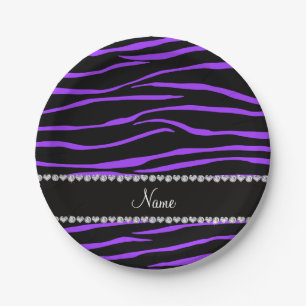Personalised name black purple zebra stripes paper plate